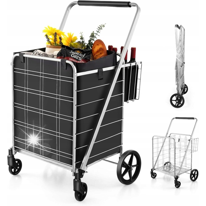 Carucior pliabil pentru cumparaturi, capacitate 150 kg, cu cos suplimentar, gri, dimensiuni 50,5x40,5x56,5 cm