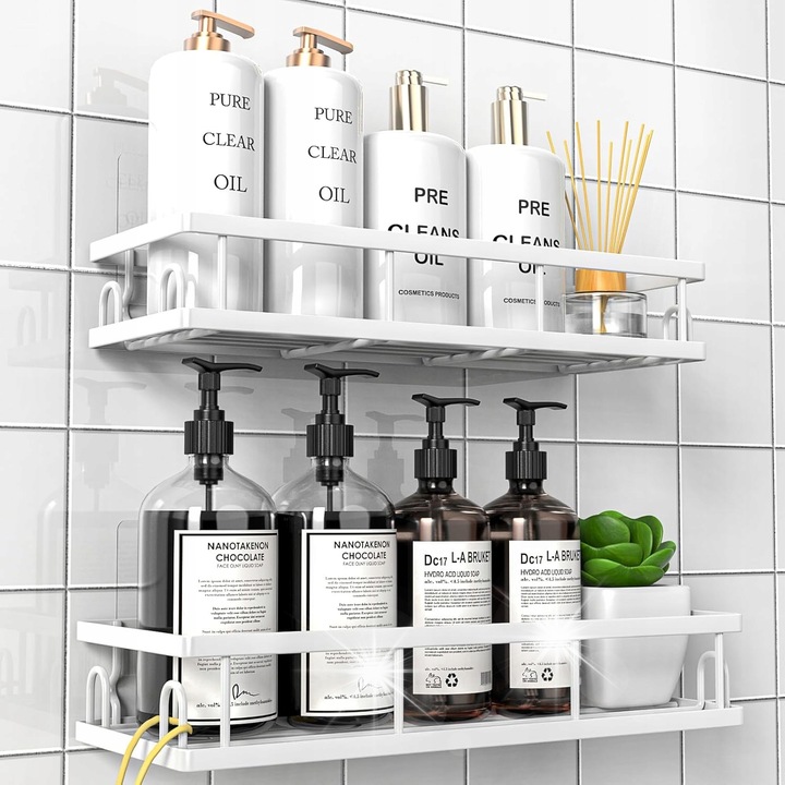 Set 2 suporturi prajitor pentru baie, rezistente la apa, alb, montaj fara gaurire