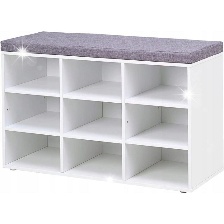 Cipőtároló pad 9 rekesszel, fekvőfelülettel és levehető párnákkal, modern design, 29,8x24,4cm