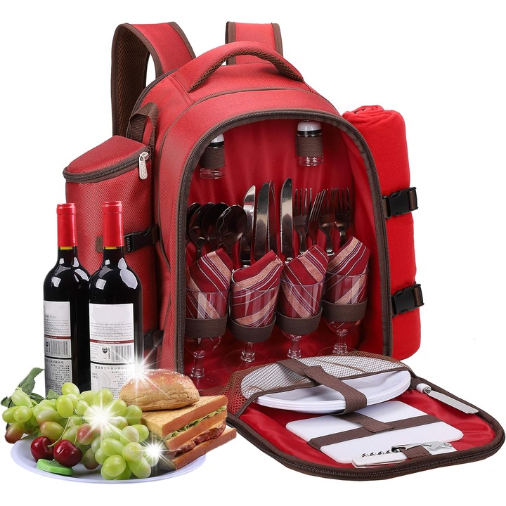Rucsac picnic termic pentru 4 persoane, set complet cu ustensile si patura, 30,5x19x41,5cm, multicolor