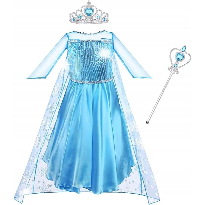 Costum de printesa pentru copii, Elsa, cu rochie albastra, coroana si bagheta, set complet
