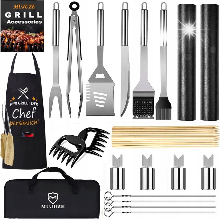 Set accesorii gratar 20 in 1, cu torba si sort, otel inoxidabil 304, ergonomic, ideal pentru camping si gradina