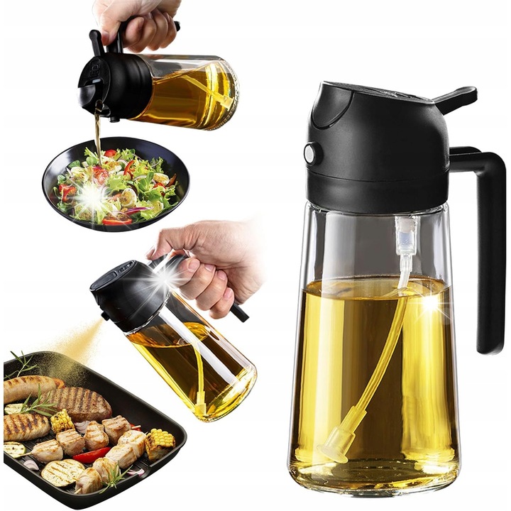 Butelca pentru ulei cu pulverizator, 250 ml, sticla calita, neagra, set multifunctional