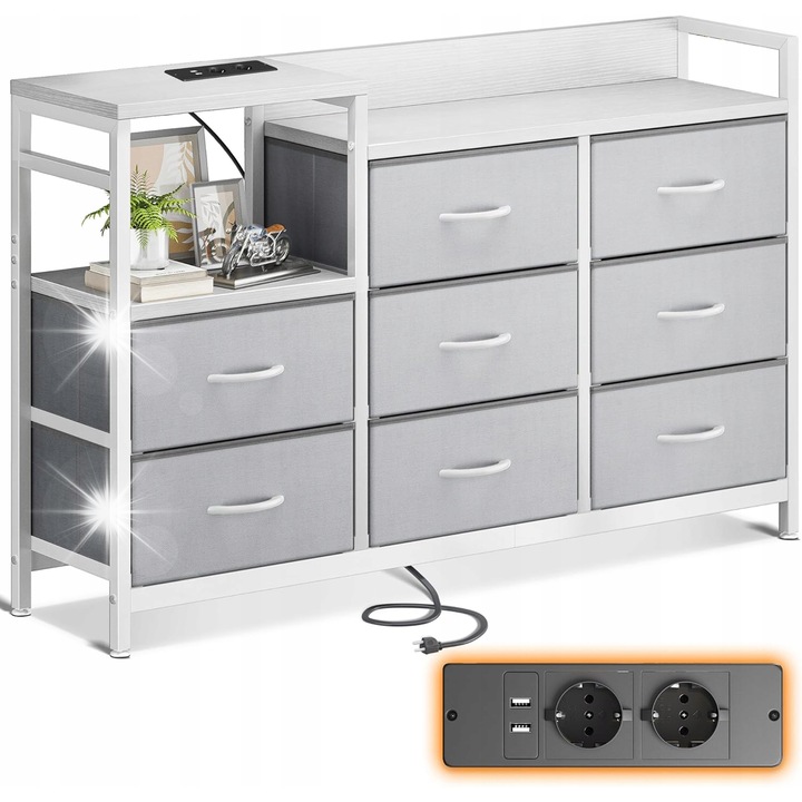 Comoda cu 8 sertare, alb cu finisaj natural, 132x30x88cm, cu statie de incarcare integrata