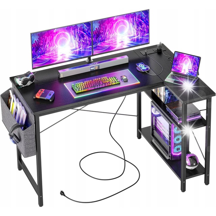 Birou BEXEVUE, L 120x70cm, 2 niveluri, 2 prize, USB, culoare neagra