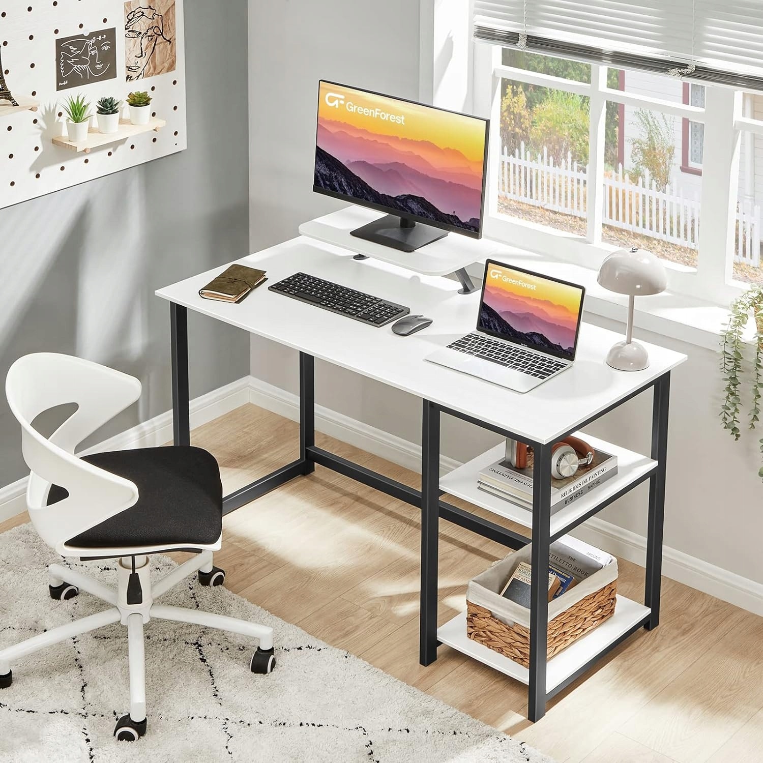 Birou Computer Birou computer, 100x50x75cm, suport monitor, alb, cu rafturi ...