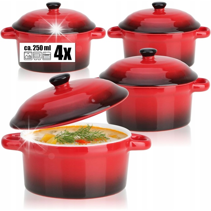 Set 4 vase termorezistente din ceramica cu capac, 250 ml, rosu, 14x10,5x8,5 cm