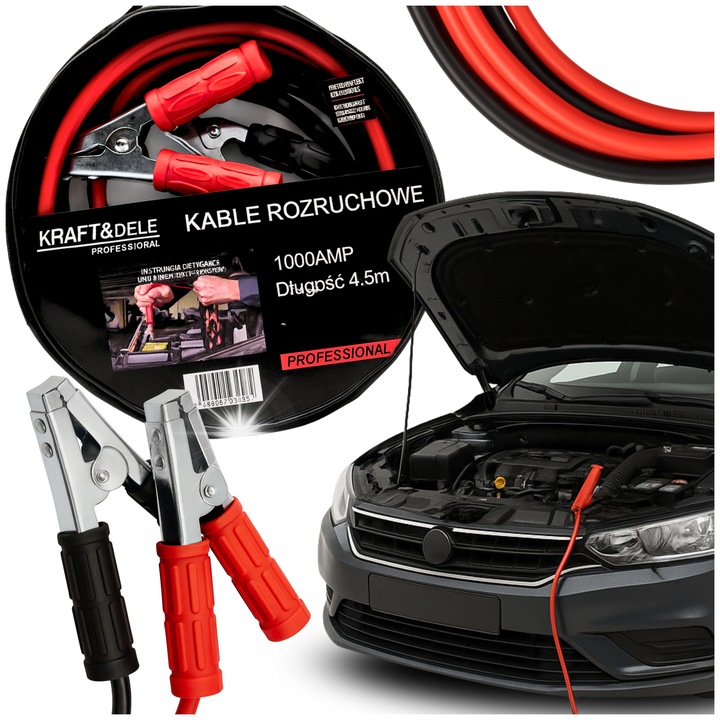 Cabluri de redresare auto 1000A, Kraft&Dele, 4.5m, solide, groase