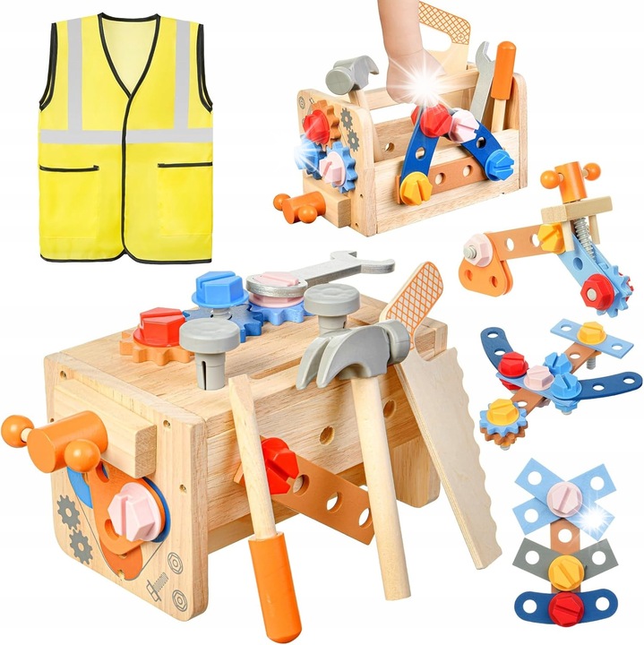Set unelte pentru copii, banca de lucru din lemn, 39 elemente, vesta tehnica