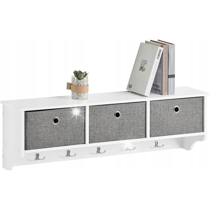 Cuier de perete cu compartimente de depozitare, 100x30x20cm, MDF, alb