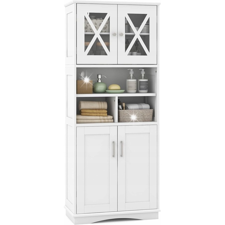 Sifonier baie, alb, 30x60x145cm, 3 polite reglabile, constructie stabila