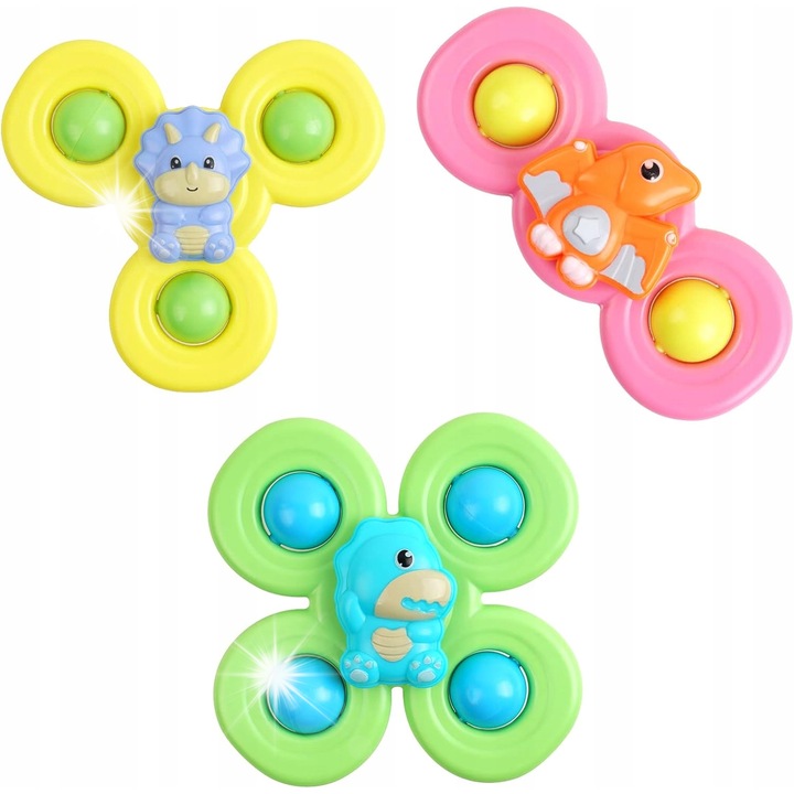 Set 3 jucarii rotative dinozauri cu ventuza, material plastic ABS, pentru copii 18 luni+