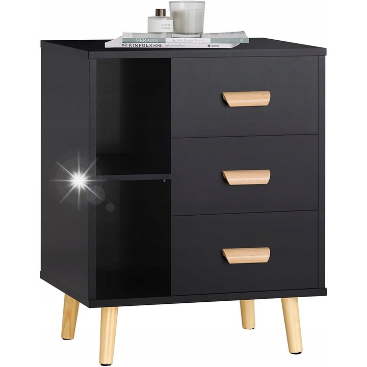 Noptiera din lemn cu 3 sertare si 2 polite, negru