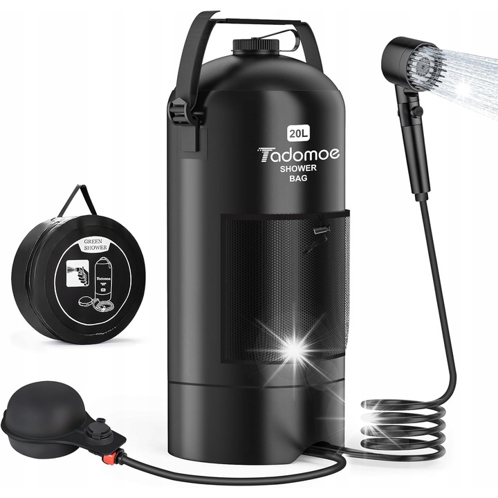 Dus camping, 20L, incarcare USB, incalzire solara, compact, set complet