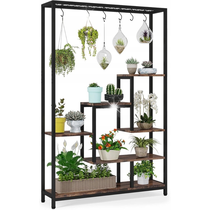Suport pentru plante 5 niveluri, natural + cadru negru, 10 carlige, dimensiuni 160cm