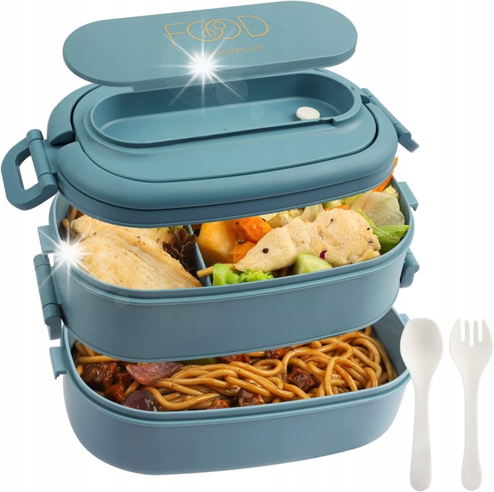 Кутия за храна, 1550 мл, 2 нива, с включени прибори, универсална