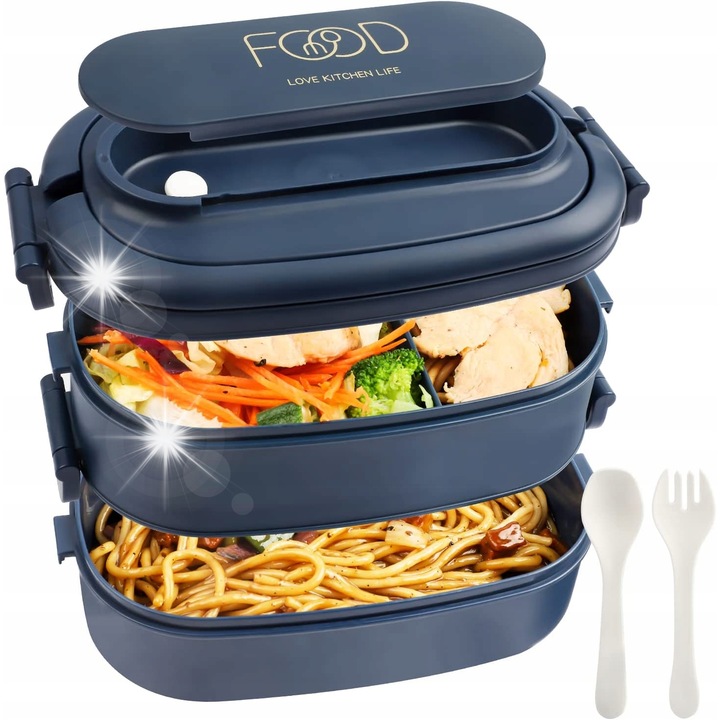 Кутия за обяд бенто, 1550 мл, 2 слоя, 3 отделения, водоустойчива, с прибори, за офис и училище