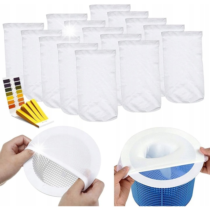 Set 15 saculeti filtranti pentru skimmer piscina, nylon premium, alb, pentru curatarea apei