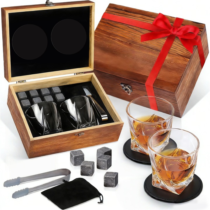 Комплект чаши за уиски, Wacorresi®, 2 чаши, 8 охлаждащи кубчета от гранит, Лесни за използване и почистване, Чаша за уиски, подложка за чаши, щипка за лед и торбичка за съхранение, За кафе, плодов чай, коктейли, пенливо вино, Прозрачен