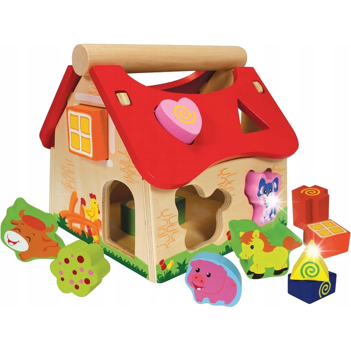 Casa din lemn cu 12 blocuri, dimensiuni 18x17,5x18cm, acoperis detasabil, dezvoltare motrica, joc educativ