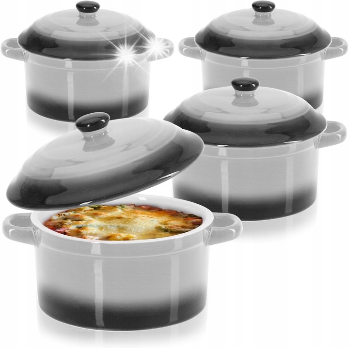 Set 4 vase termorezistente din ceramica cu capac, 300 ml, gri, 14x10,5x8,5 cm