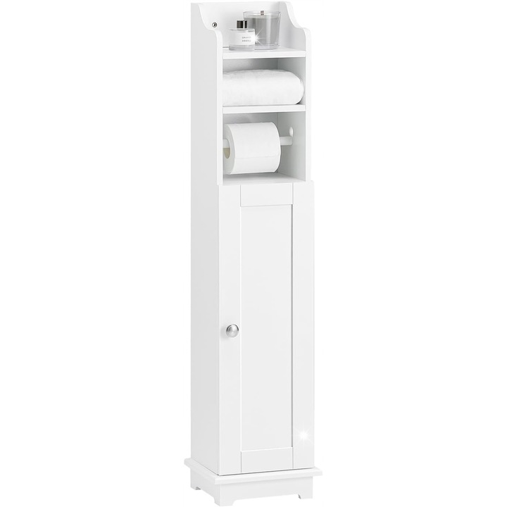 Шкаф за баня, бял, 21x99x16см, със стойка за хартия, 4 регулируеми рафта