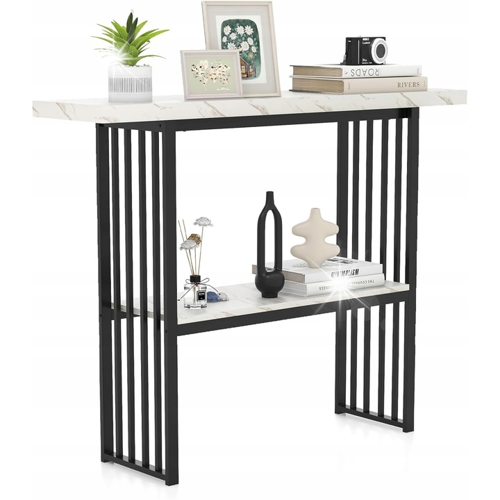 Meseu Consola Alb, 120x29,5x92,5cm, 2 Niveluri, Design Marmura, Stabilitate Ridicata