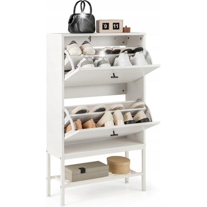 Cipősszekrény 2 lehajtható fiókkal, modern design, fehér, kompakt méretek