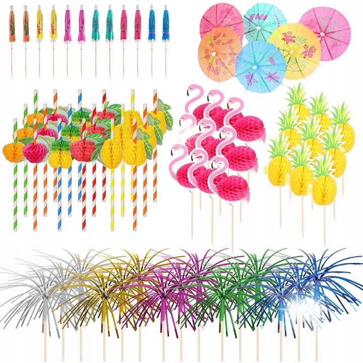 Set decorativ cocktail 120 piese, ananas, flamingo, multicolor