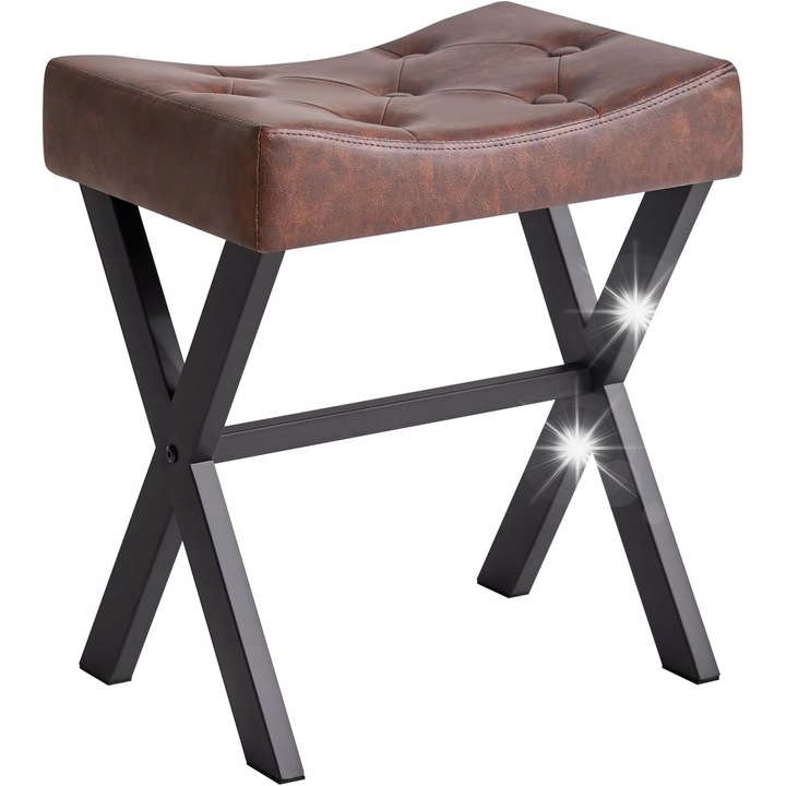 Loft stílusú, X-lábú fém zsámoly, 40x30x45cm, szintetikus bőr