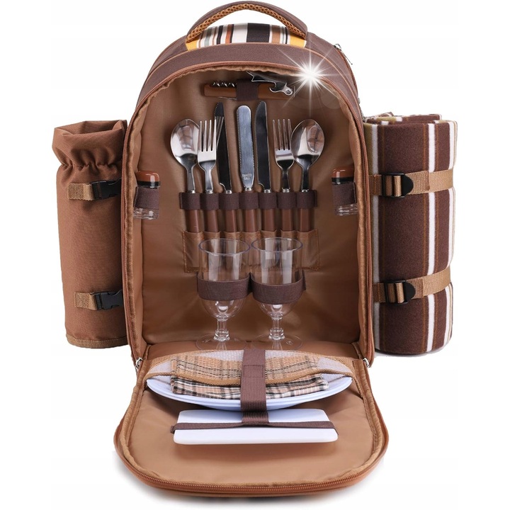 Rucsac picnic All-in-One, set pentru 2 persoane, 2 ustensile, 2 farfurii, multicolor, 114x135cm