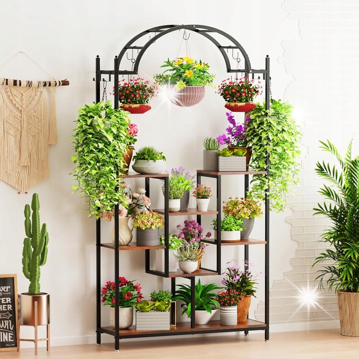 Suport pentru plante, 5 niveluri, design curbat, 16 carlige, negru, 160x90x25cm