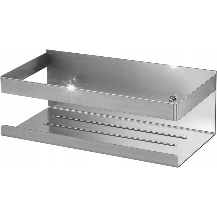 Polka de baie metalica neagra, 5x30x13cm, cu sistem de drenaj, set cu 2 suporturi autoadezive