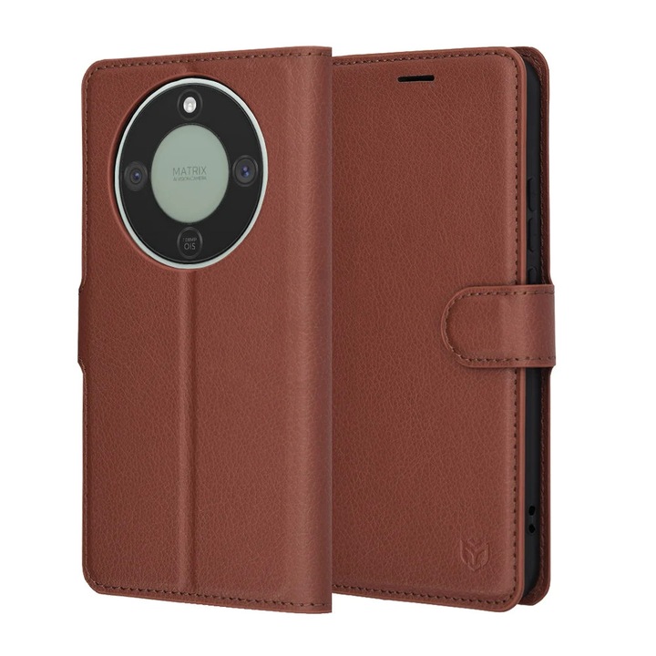 Husa pentru Honor Magic8 Lite, SKYDDAR INNOVATION, Leather Folio tip Carte, cu Portofel Interior, Finisaje Premium, set cu sticker, Maro