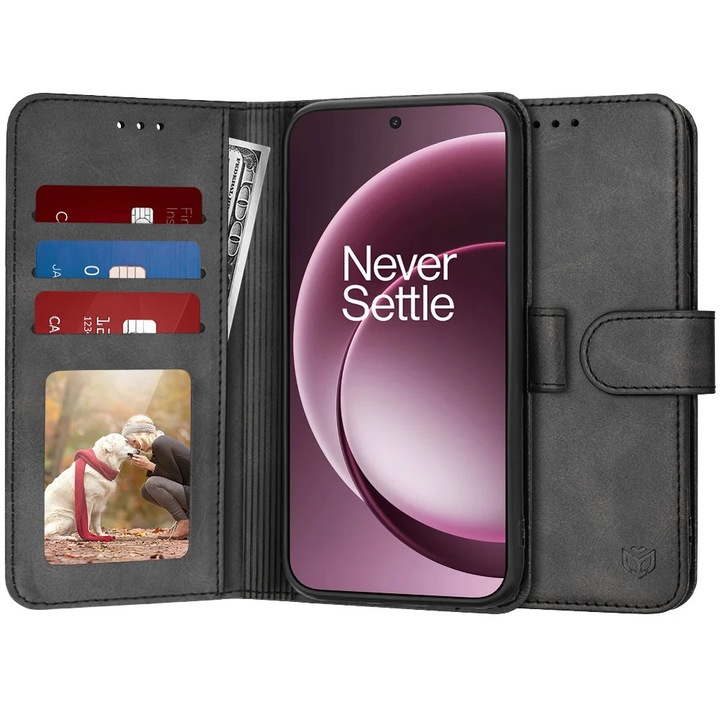 Husa pentru OnePlus 15, SKYDDAR INNOVATION, Diary Book, tip carte cu Portofel Interior, Antisoc, set cu sticker, Negru