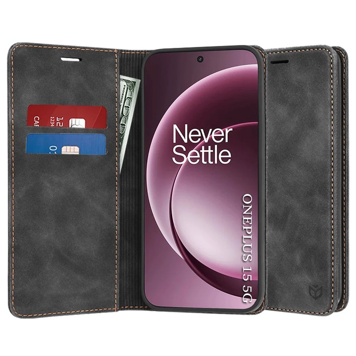 Husa pentru OnePlus 15, SKYDDAR INNOVATION, Confy Cover tip Carte din piele Eco Premium, cu Portofel Interior, set cu sticker, Negru