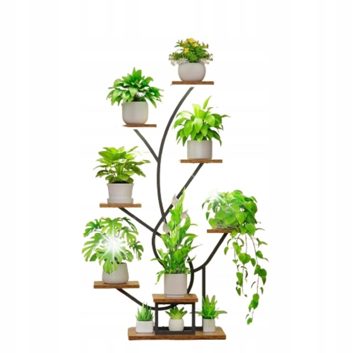 Suport pentru plante cu iluminare LED, 8 niveluri, metal, negru + lemn natural, 126cm