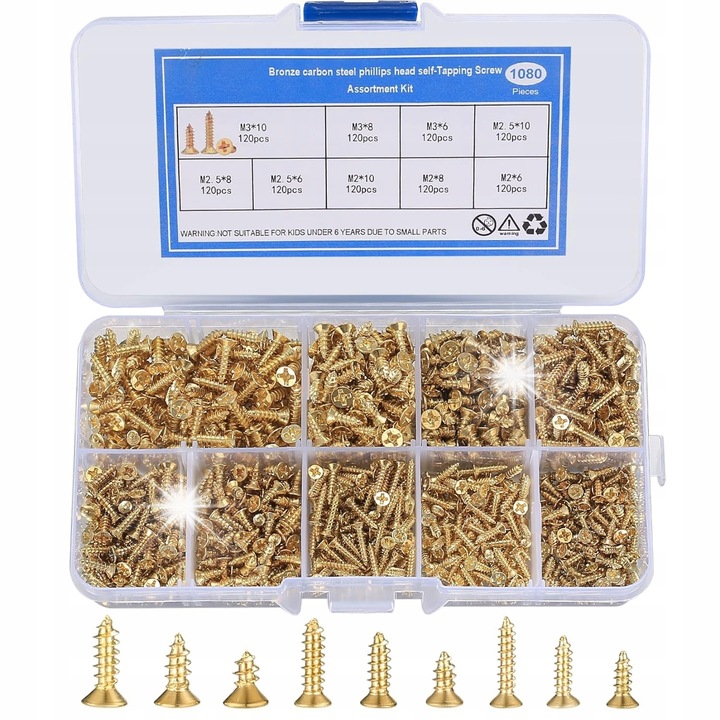 Set 1080 suruburi autofiletante din otel pentru metal, plastic, lemn, dimensiuni M2/M2.5/M3, cutie de transport