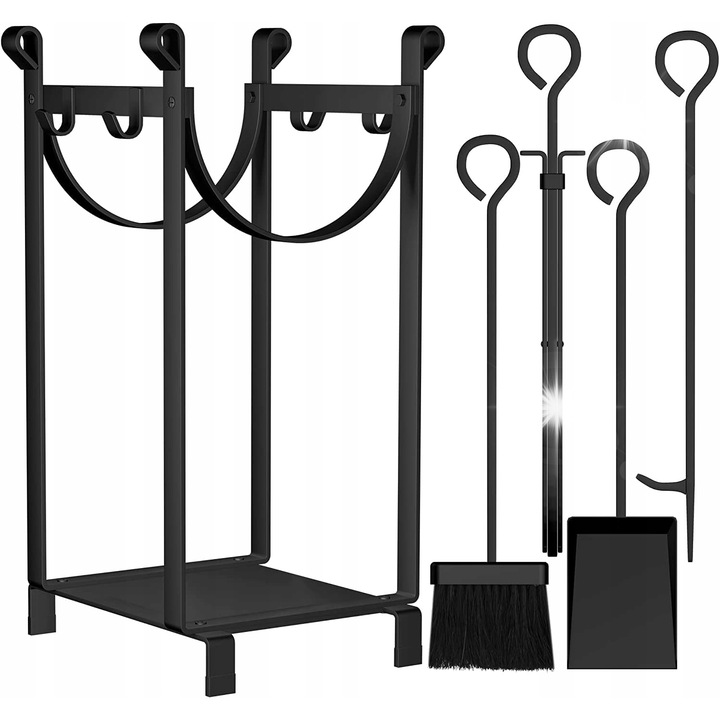 Cos pentru lemne de foc, metalic, 80x30x30cm, negru, set cu 4 unelte