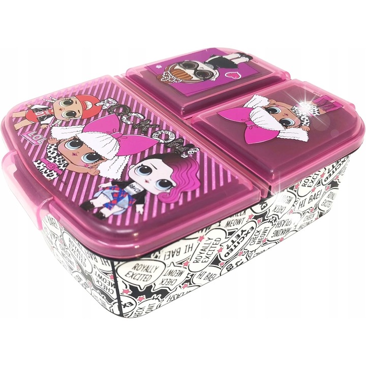 Cutie alimentara bento, 3 compartimente, fara BPA, design colorat, 18x14x7cm