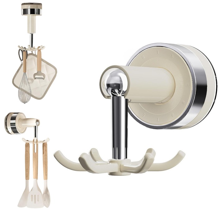 Set 2 Carlige cu Ventuza, rotativ 360°, Capacitate 10 kg, Reutilizabile, No-drilling, Anti-rugina si rezista la eroziune, Economisire de spatiului, Pentru baie, bucatarie, birou, Culoare Crem