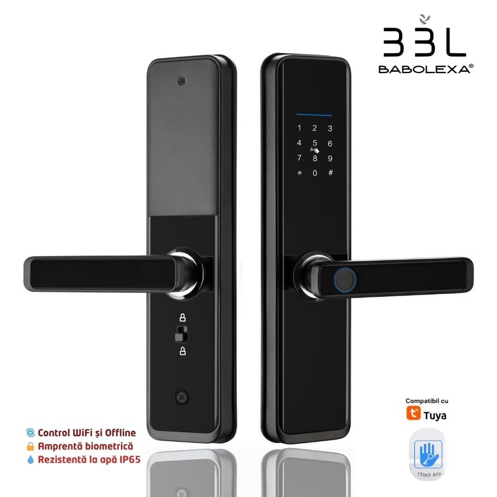 Yala Inteligenta BABOLEXA® EY-688, Acces Fara Cheie, Amprenta Biometrica, PIN, Card, Control WiFi / Offline, Tuya Smart, Protectie Anti-Furt, Anti-Hacking, Conexiune Criptata, USB-C si Cheie Mecanica de Urgenta, Rezistenta la Apa, Autonomie Mare, Neagra
