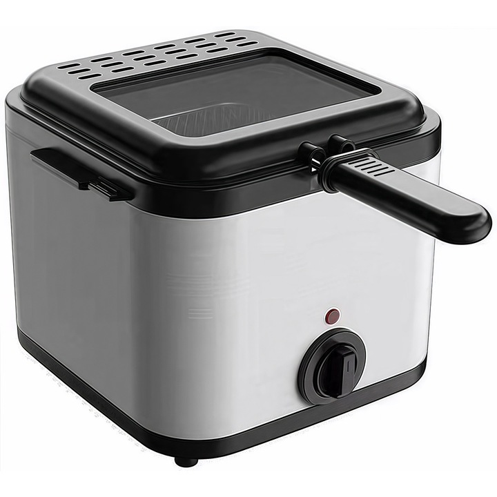 Lingo 2.5L 1000W 80-190oC elektromos fritőz látható ablakkal, intelligens égésgátló védelemmel, 3 rétegű szigetelt kialakítással, rozsdamentes acél tapadásmentes bevonattal, ezüst