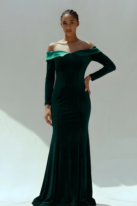 Acob à porter, Rochie catifelata cu decolteu pe un umar, Verde aquamarin