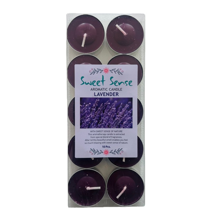 Ароматни свещи, Sweet Sense, Парафинов восък, Аромат лавандула, Лилави, 10 броя, 3x1.5см