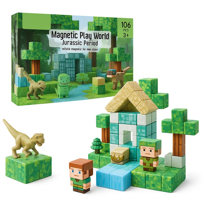 Set constructie magnetic Mormark MAGSET, 106 bucati, tematica dinozauri, promoveaza invatarea STEM, creativitate, 3D