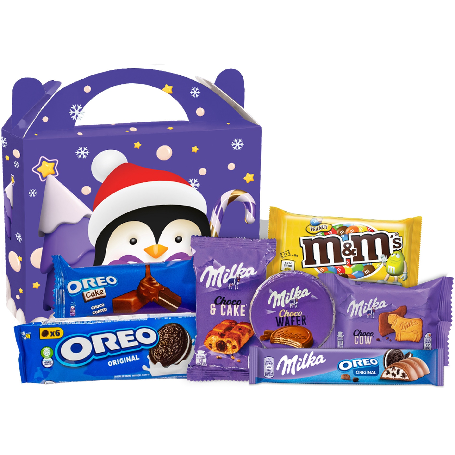 Pachet cadou copii Twinkle - Gift Idea, M&M, baton ciocolata cu lapte Milka Oreo, Milka Cake & Choc prajitura cu crema de ciocolata, napolitana cu ciocolata Milka, biscuiti cu cioc