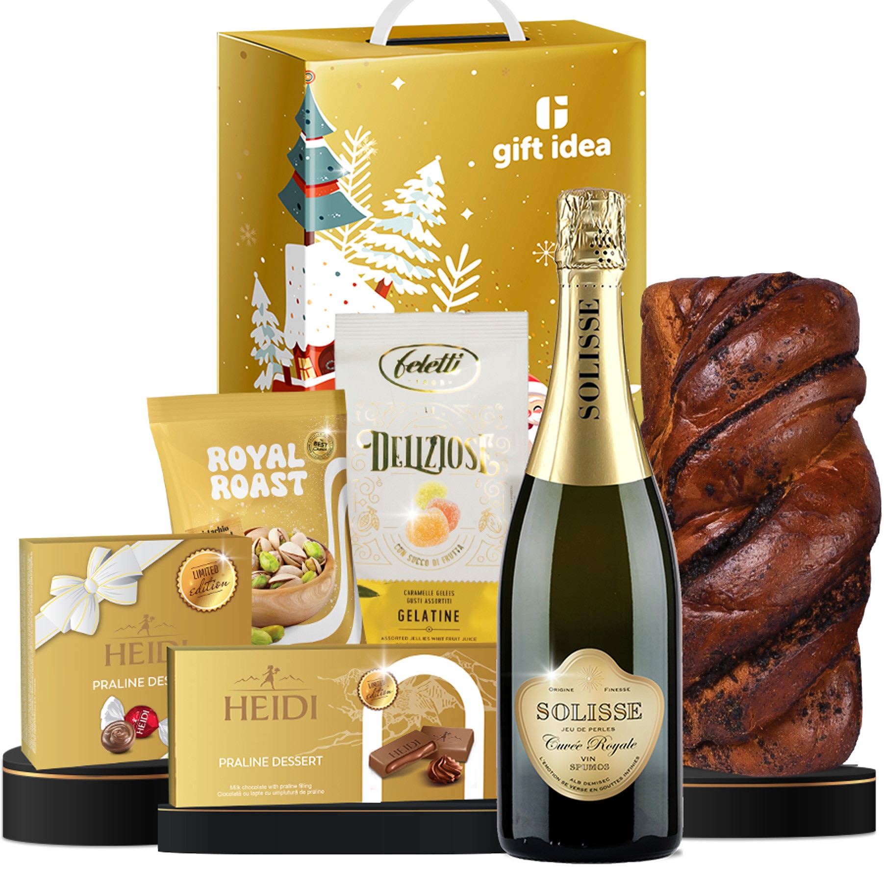 Pachet cadou Golden Giftbox-Gift Idea,cu vin spumos Solisse Cuvee