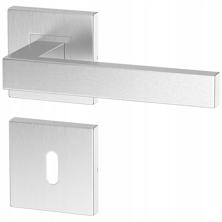 Set Mânere Uși ErgoLine Inox, Satinat, Design Pătrat, Set Complet pentru Uși Interioare
