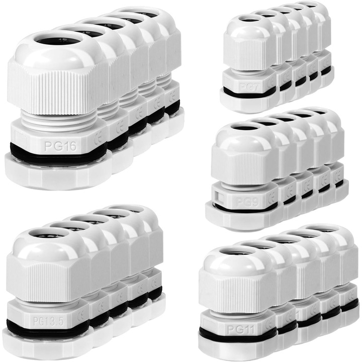 Set 25 bucati presetupe cablu impermeabile PG7 PG9 PG11 PG13.5 PG16 pentru cutii de jonctiune si conexiuni electrice Dawenur